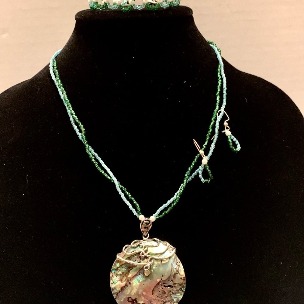 MULTICOLOR PAUA ABALONE SHELL NECKLACE MATCHING BRACELET & EARRINGS
